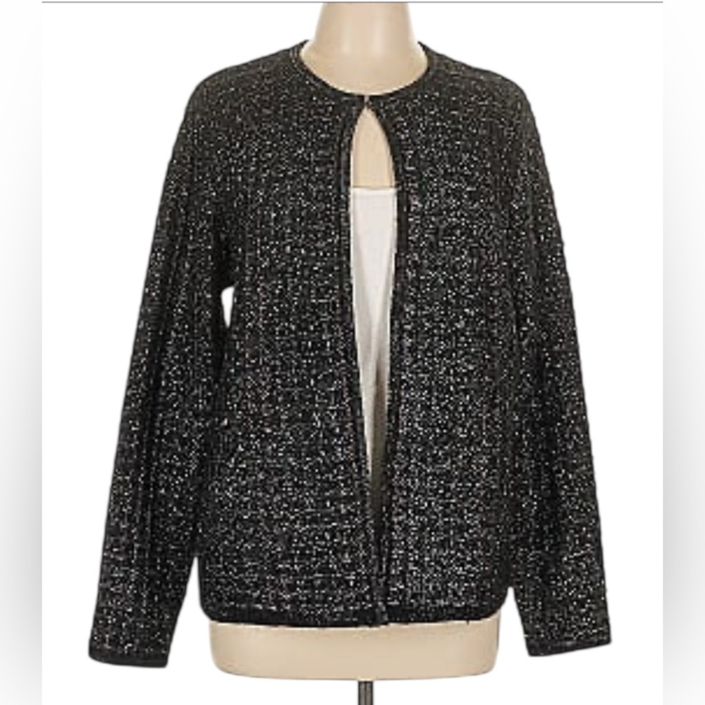 Liz Claiborne Career Womans Hook Loop Open Cardigan Sweater Black Multi Sz 2XL